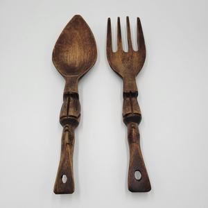 Vintage Hand Carved Wooden Spoon and Fork Set Mid-century Wall Art Decor Retro